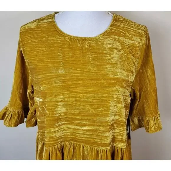 Melloday Womens Dress XS Golden Yellow Velvet Short Ruffle Sleeve Pullover - Picture 2 of 4